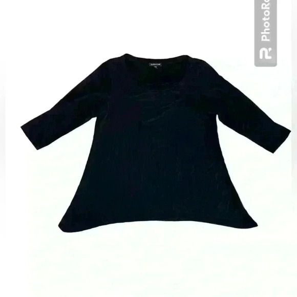 Eileen Fisher 3/4 Sleeve Black Shirt Top Sz Small 〰️ Asymmetric Hem 〰️ Basics - Picture 1 of 6